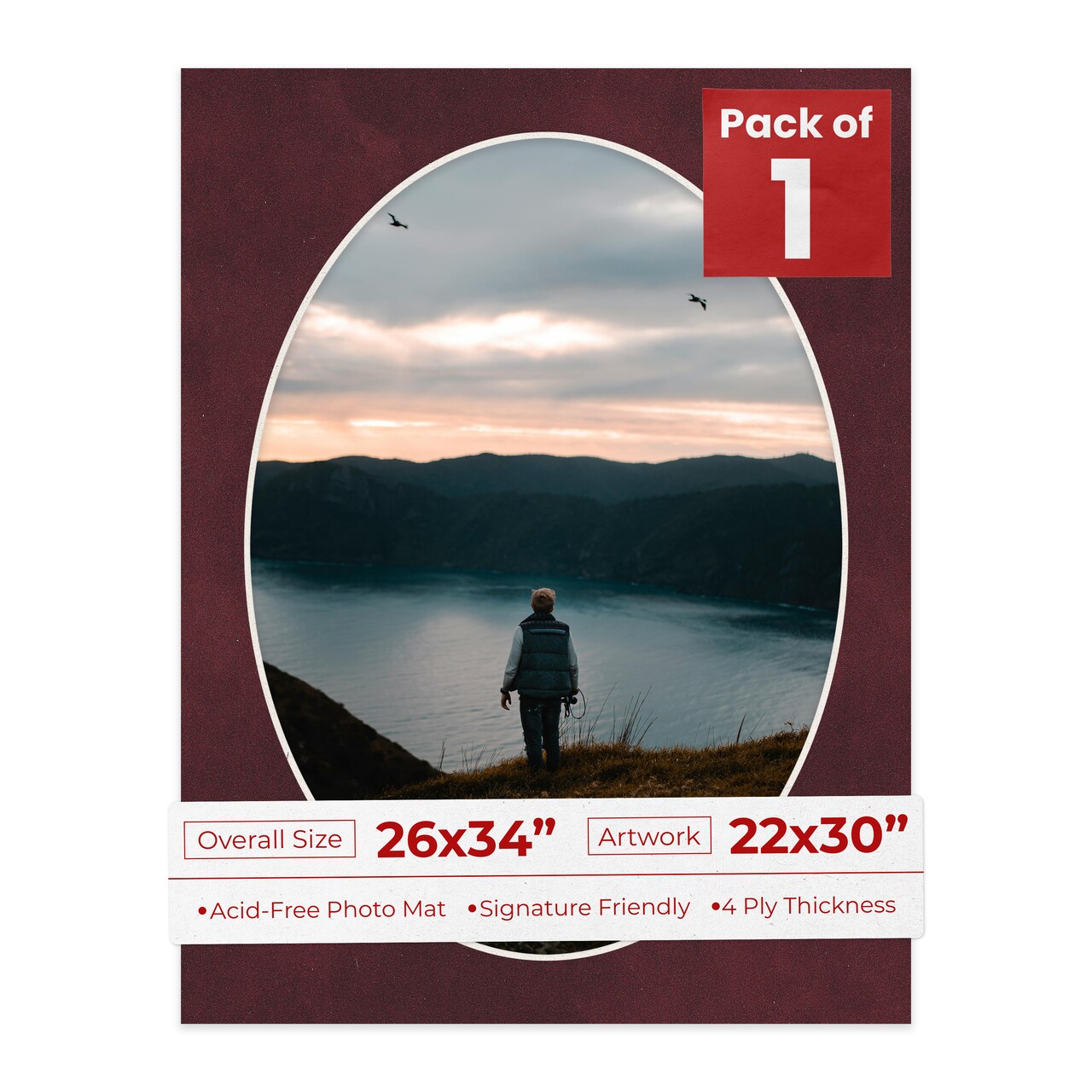 Dark Red Suede Mat Board for 26x34 Frames - Oval Opening for 22x30 Photos